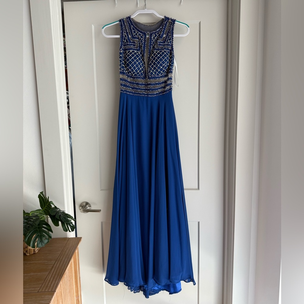 Mac Duggal Blue Sleeveless Halter Gown